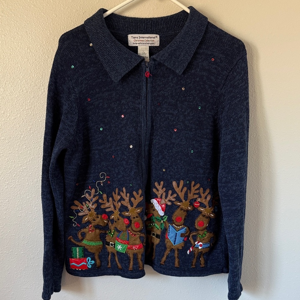 Reindeer Knit Christmas Cardigan Full Zip Blue Large